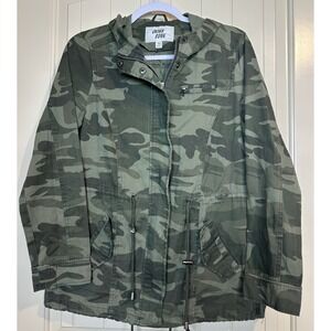 Outer Edge Camo Utility Jacket Hooded Drawstring Pockets Women's Size M cotton